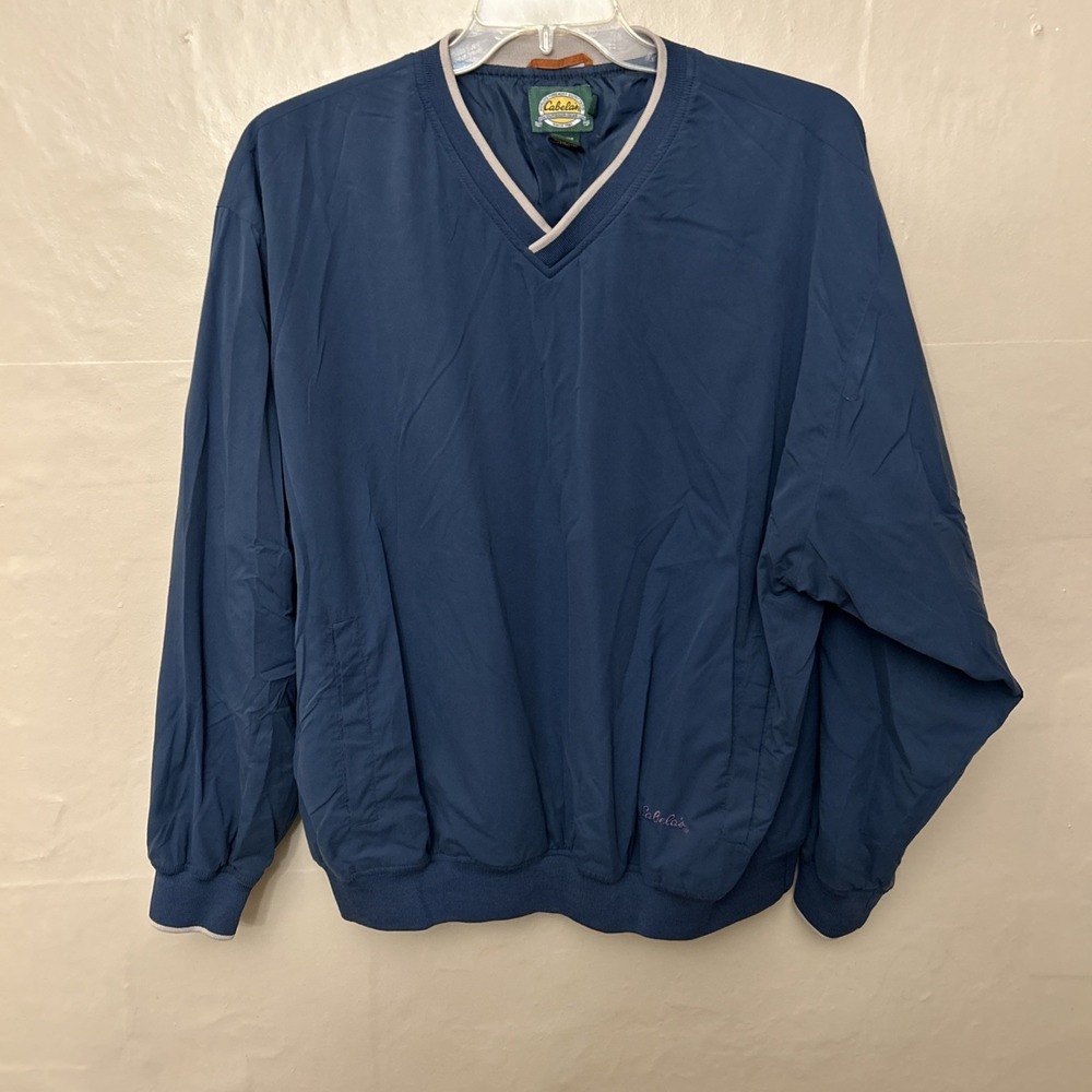 Mens Large Cabelas Navy Pull Over‎ Banded Bottom Wind Jacket